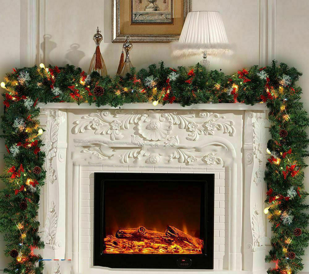 9FT Pre Lit Christmas Garland with Lights Door Wreath Xmas Fireplace Decor LED 9FT Pre Lit Christmas Garland with Lights Door Wreath Xmas Fireplace Decor LED